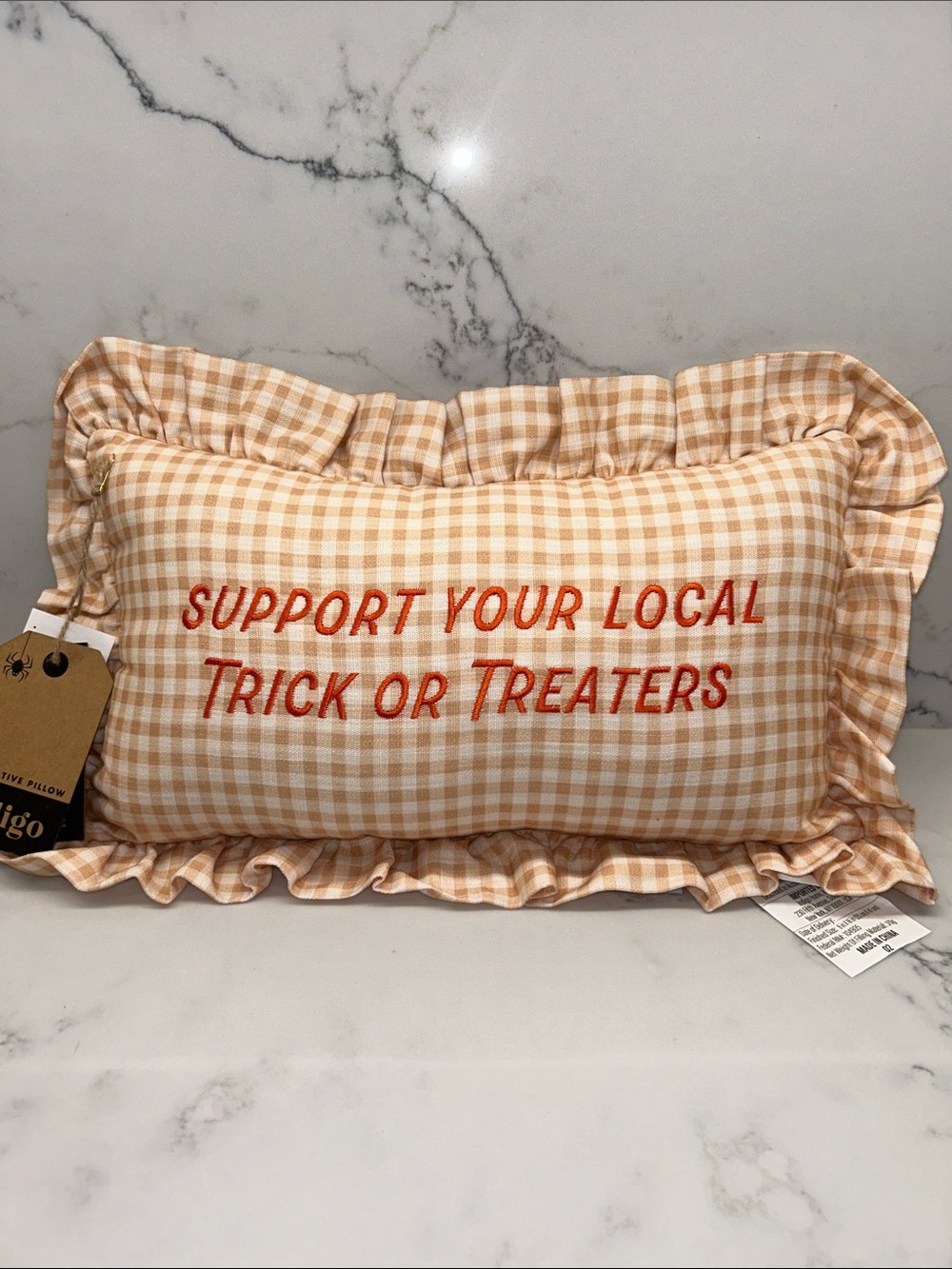 “Support Your Local Trick or Treaters” Gingham Decorative Pillow